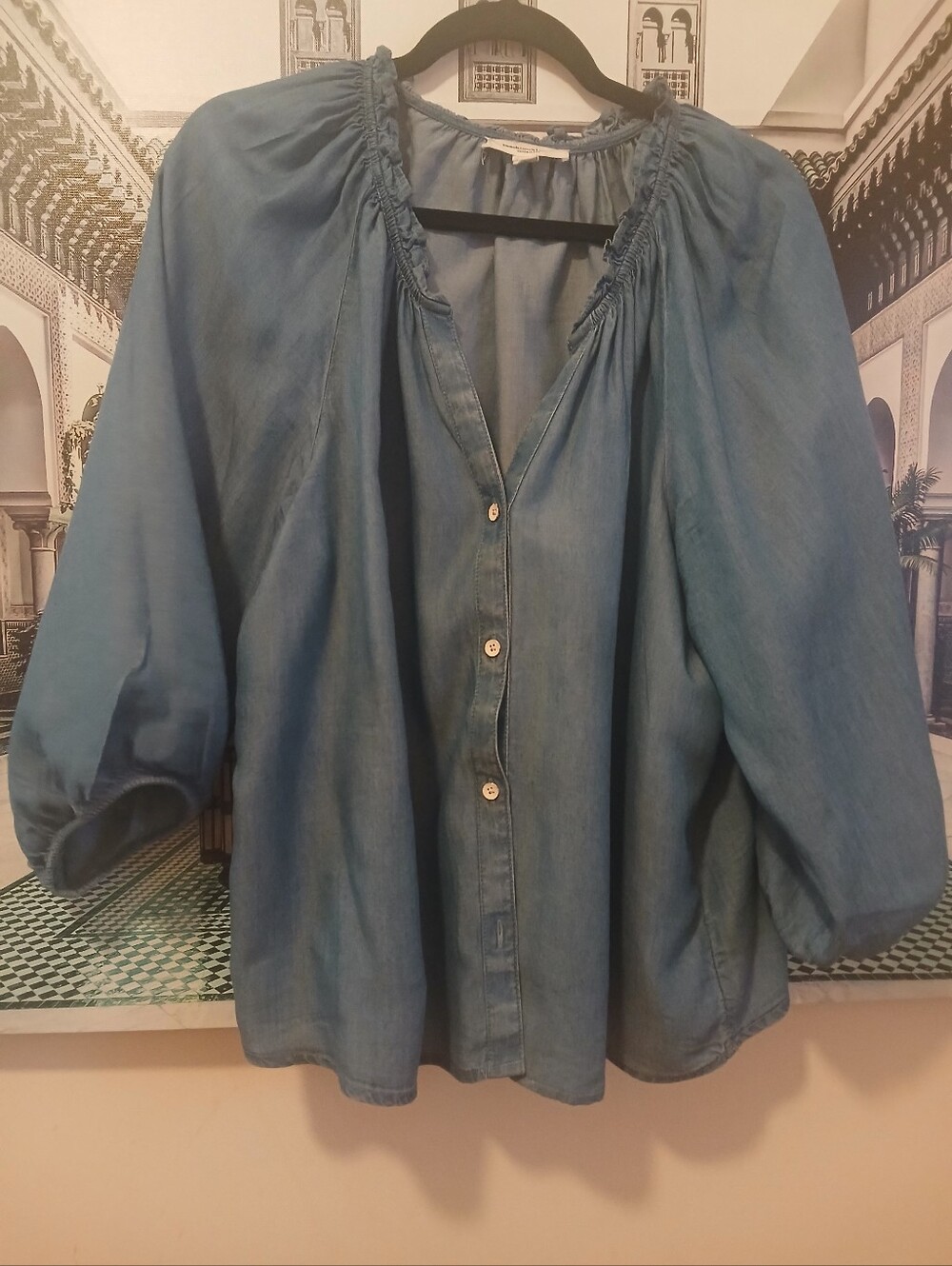 beachlunchlounge Soft Denim Button-Front Peasant Blouse in Blue